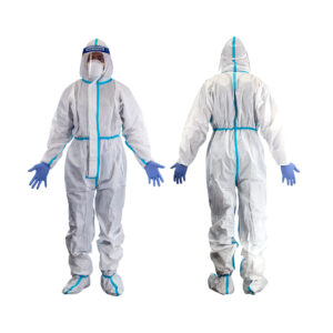 Coverall White with Hood and Blue Trim